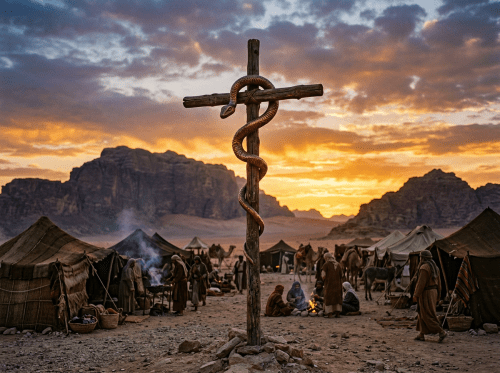 Wooden cross wrapped by snake in desert camp with tents and people at sunset