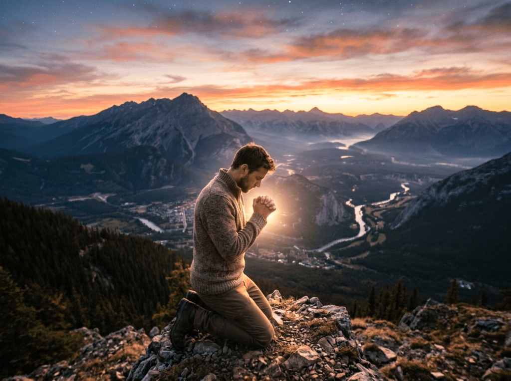 Open hands holding a glowing sphere above a mountain valley